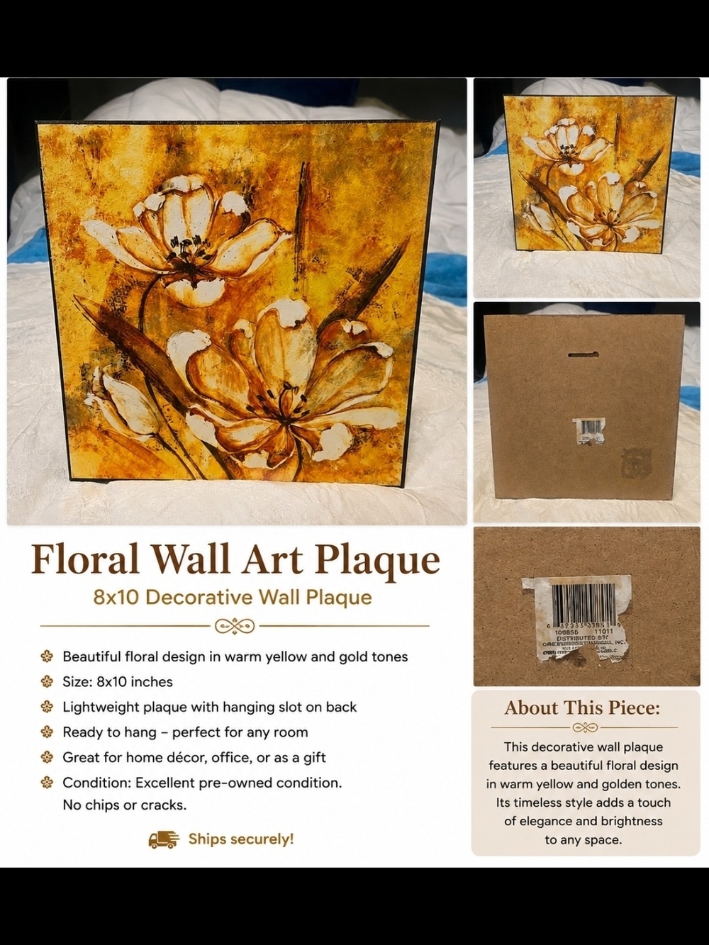 Floral Wall Art Plaque - Yellow & Gold